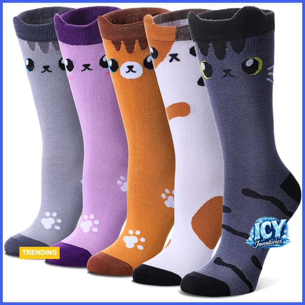 Women's Crew Socks 5 Pairs Cat Animal Soft Cotton Casual